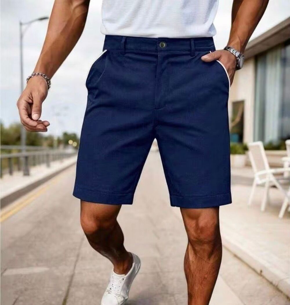 (2) pair of Manfinity Contrast Piping Slant pocket Bermuda shorts - tan and navy